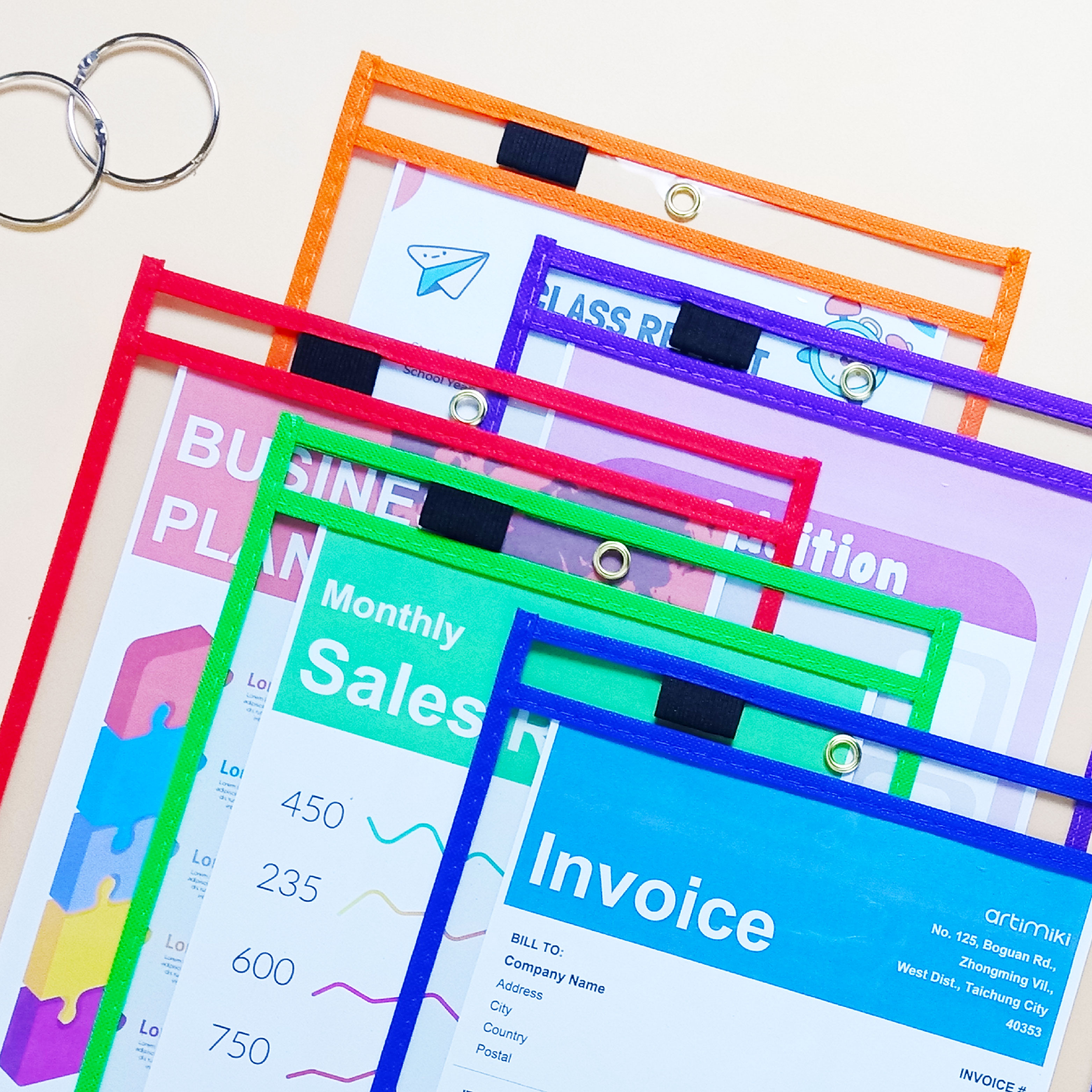 dry erase pockets with pen holder and metal rings for kids